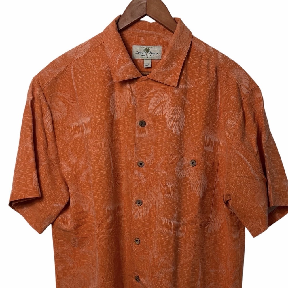 Island‎ Shores 100% Silk Hawaiian Shirt Mens Large Orange Palm Tree Camp Button